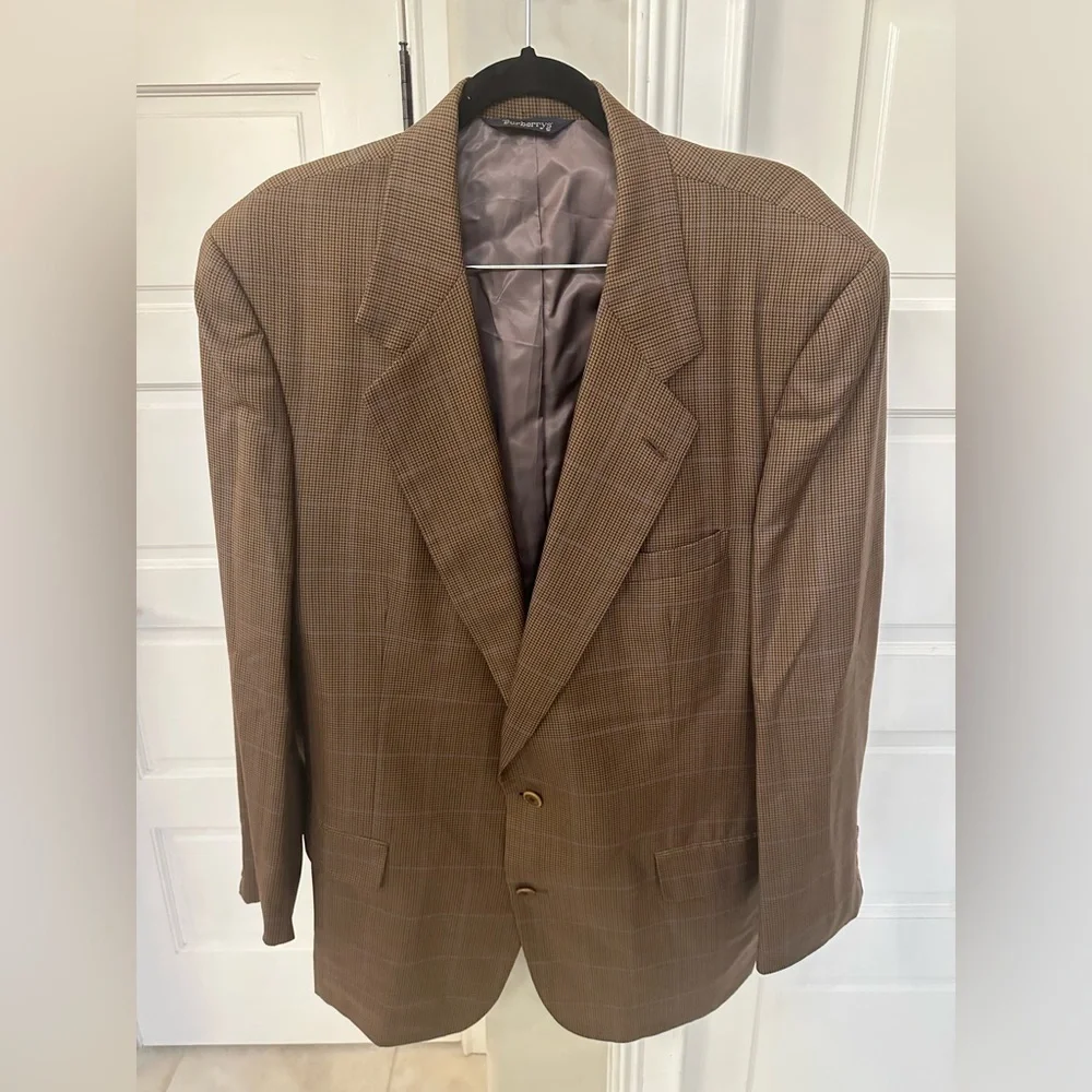 Vintage Burberry Brown Blue Houndstooth Plaid Blazer Sport Coat Men’s 46 Long